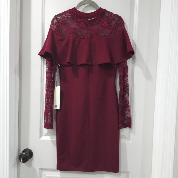 ✨️4/$20 Nwt Wine Burgundy Bodycon Long Sleeve Dress, Lace Details, Ruffle Detail - Picture 9 of 13